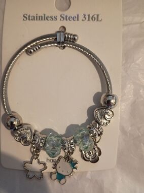Hello Kitty Inspired Silver Bracelet with Light Aqua Crystal Beads